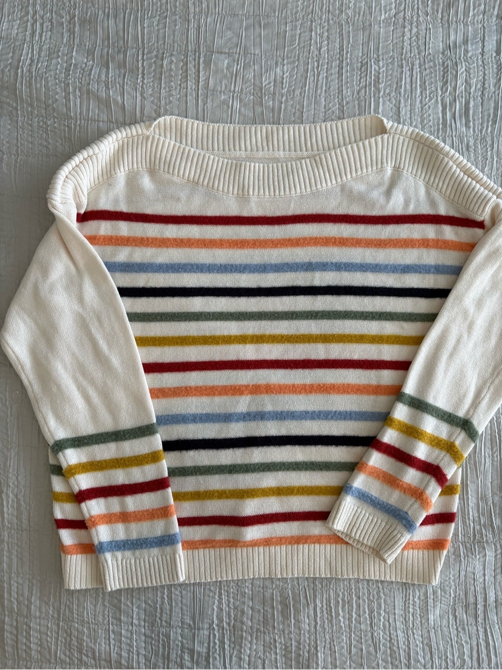 LOFT Cream Multi-Color Striped Boatneck Sweater